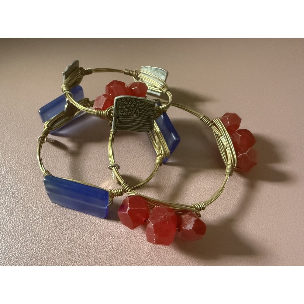 Bourbon and Bowties Bangle Bracelet Set 3 Red Blue American Flag Wire Wrapped